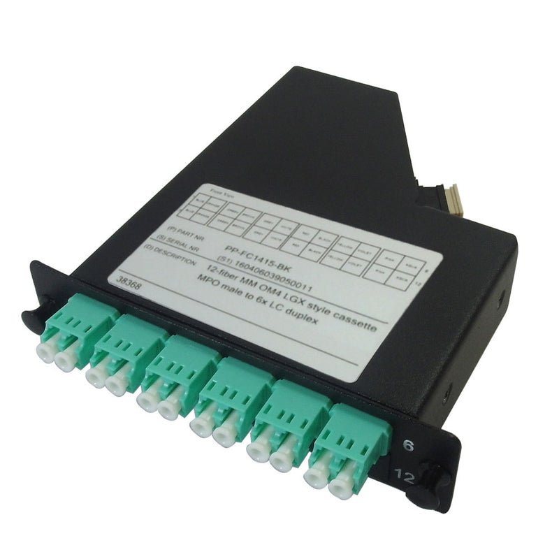 12-Fiber Multimode OM4 LGX Style Cassette MPO Male to 6x LC Duplex - Black