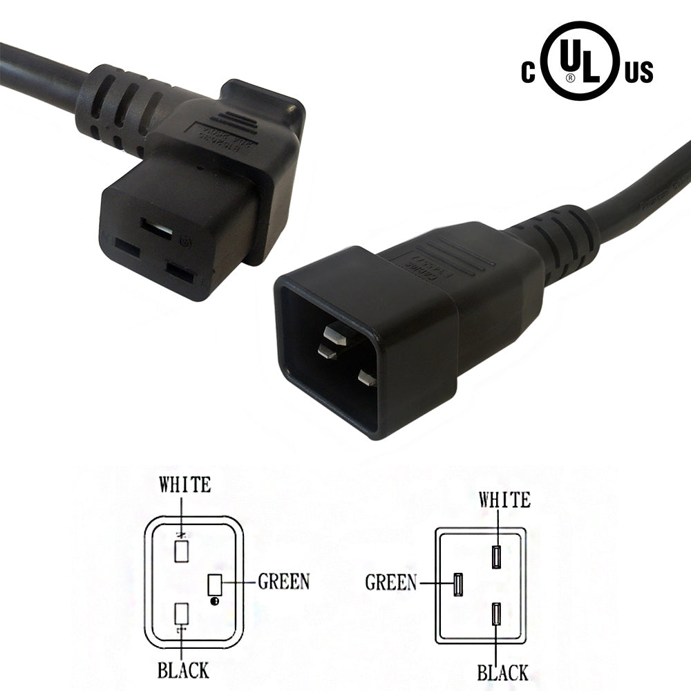 12ft IEC C19 Right Angle to IEC C20 Power Cable - 12AWG (20A 250V)