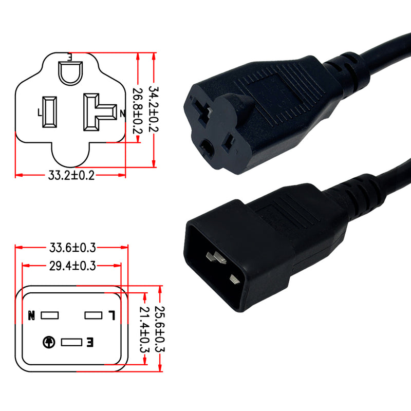 1ft NEMA 5-15/20R to IEC C20 Power Cable - 14AWG - SJT Jacket (15A 125V)