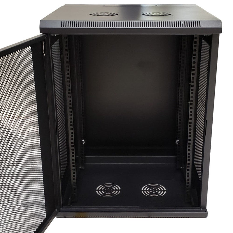 Wall Mount Swing Cabinet 15U x 18.5" Usable Depth - Perforated Doors - Black