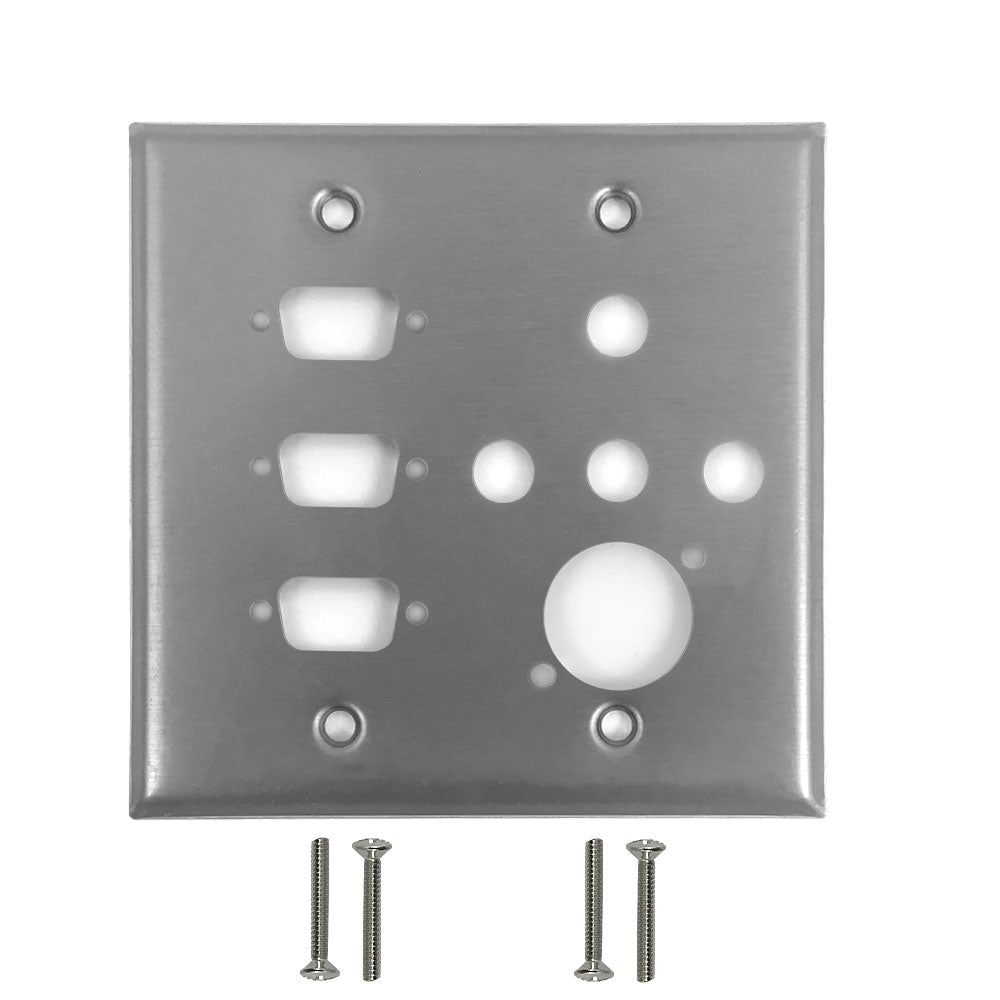 Double Gang - 3x DB9 Cutout - 4x 3/8 inch Hole - 1x XLR - Stainless Steel Wall Plate