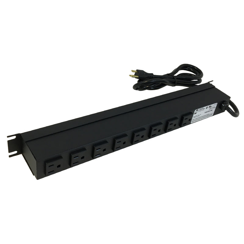 Hammond 19 Inch 8 Outlet Horizontal Rack Mount Power Strip - 15ft Cord, 5-15P Plug, 5-15R Rear Receptacles