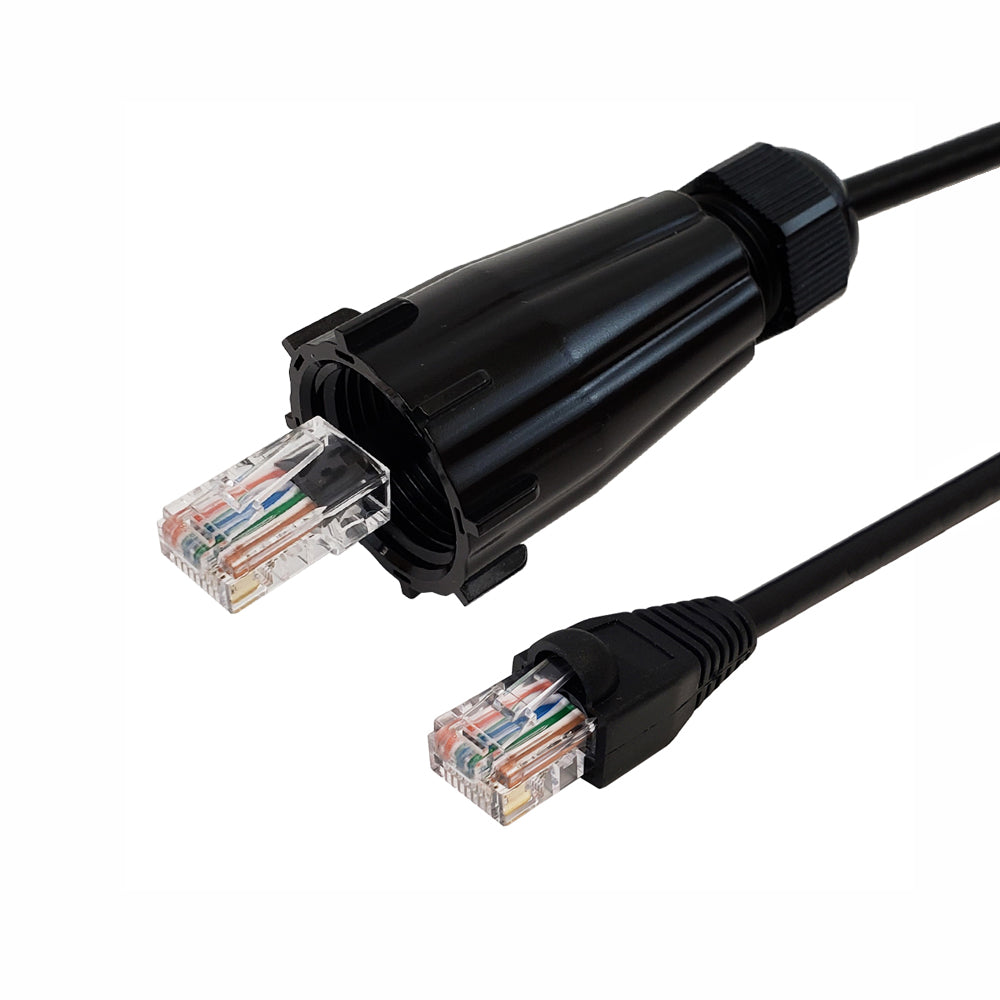 RJ45 Male with IP68 Shroud to RJ45 CAT5E UTP Gel Filled Outdoor UV / Direct Burial Patch Cable - Black