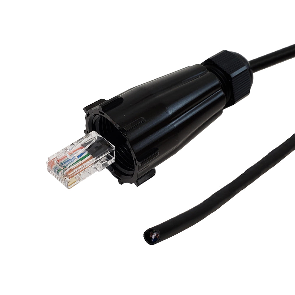 RJ45 Male with IP68 Shroud to Blunt CAT5E Solid UTP Gel Filled Outdoor UV / Direct Burial Pigtail Cable (568x) - Black