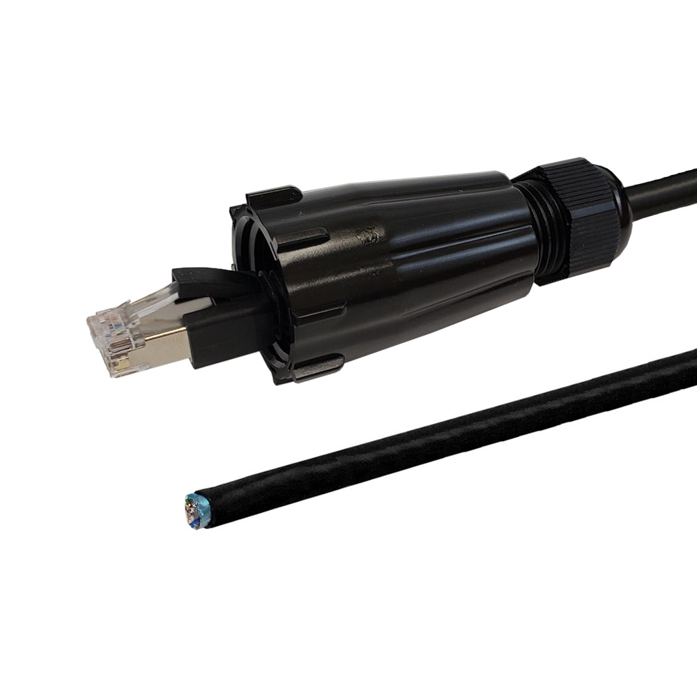 RJ45 Male with IP68 Shroud to Blunt CAT6 Solid Shielded FTP Outdoor UV / Direct Burial Pigtail Cable (568x) - Black
