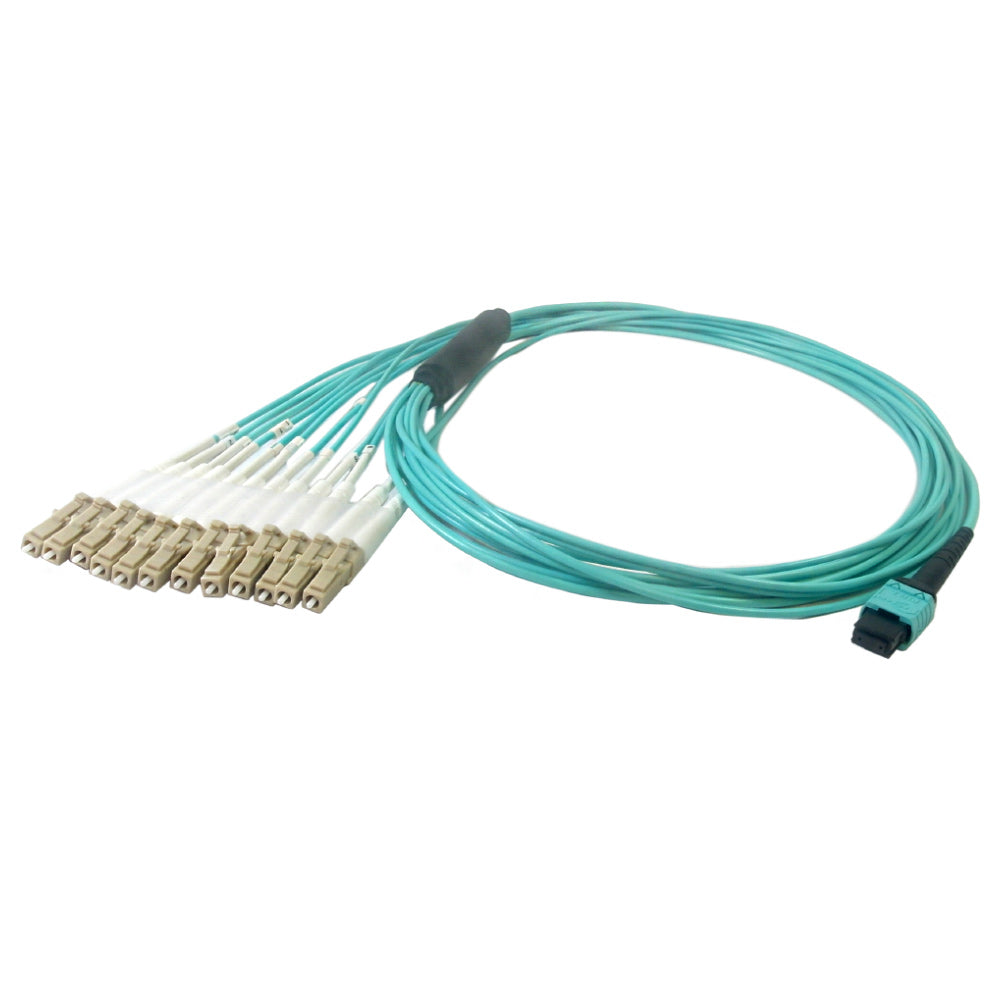 12-Fiber Multimode OM3 12-Position MPO/MTP Female no guide pins to 12x LC/UPC not clipped - OFNP Plenum