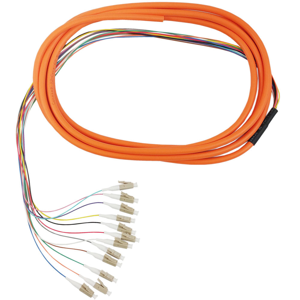 12-Strand LC OM1 Multimode Fiber Optic Pigtail – 3m, Orange, LC/UPC To Raw Fiber