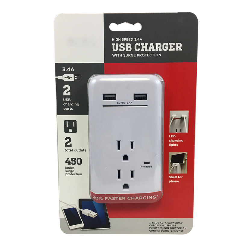 Outlet Power Tap 450J Surge protection, 2 Fast Charge USB Port - White