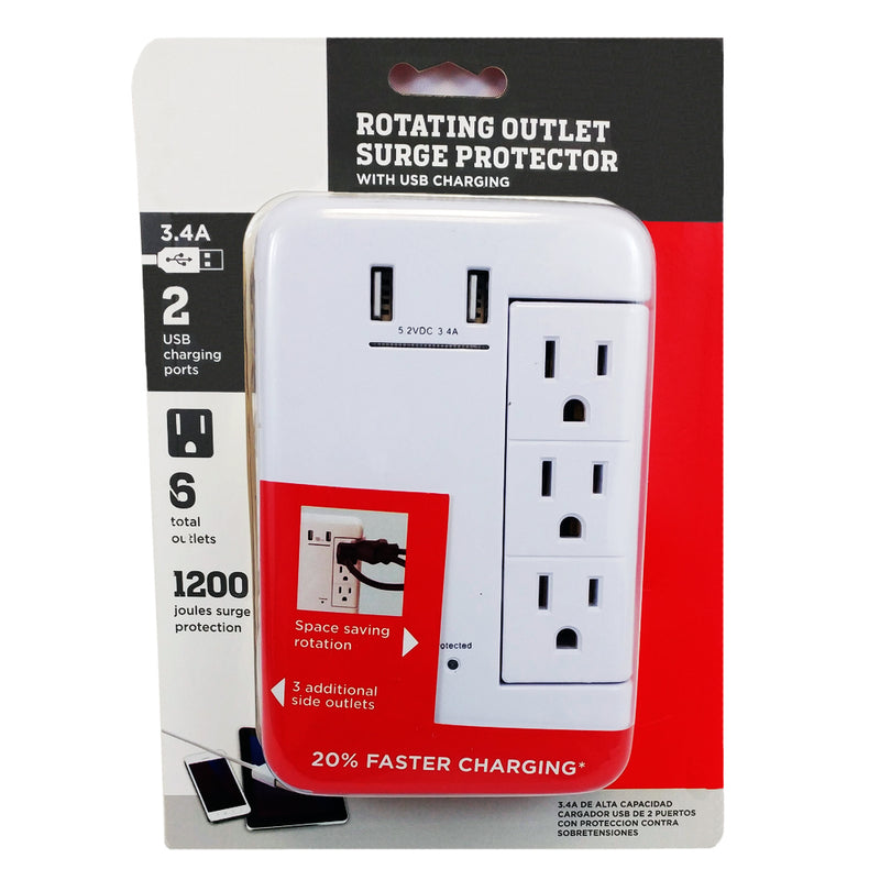 6 Outlet Swivel Power Tap 1200J Surge Protection, 2 Fast Charge USB Ports - White