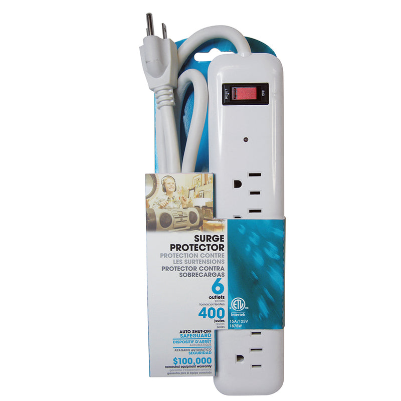 6 Outlet Surge Protector 400J, 1.5ft Cord - White