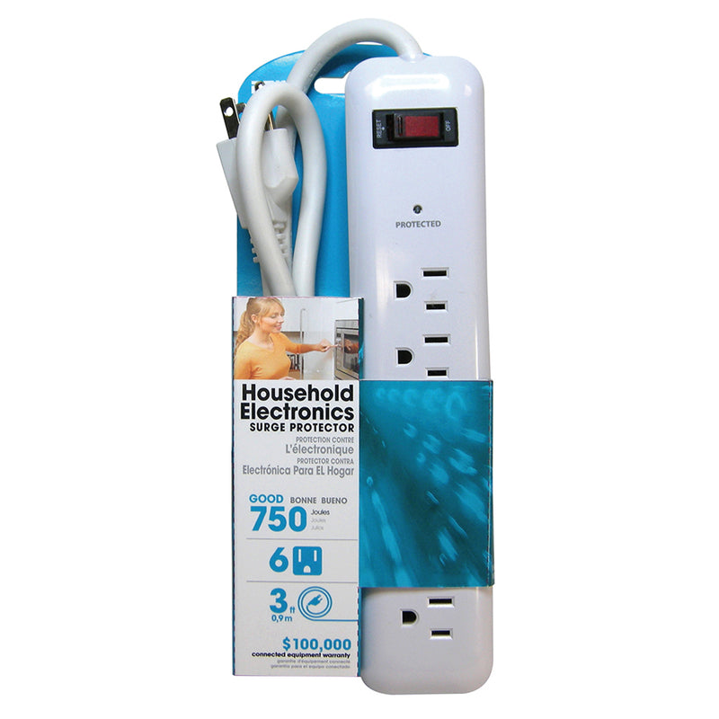 6 outlet Surge Protector 750J, 3ft Cord - White