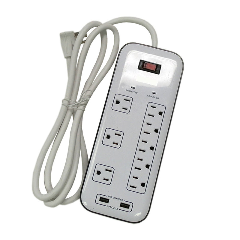 8 Outlet Surge Protector 2400J, 6ft Cord, Down Angle Plug, 2 USB Charging Ports - White