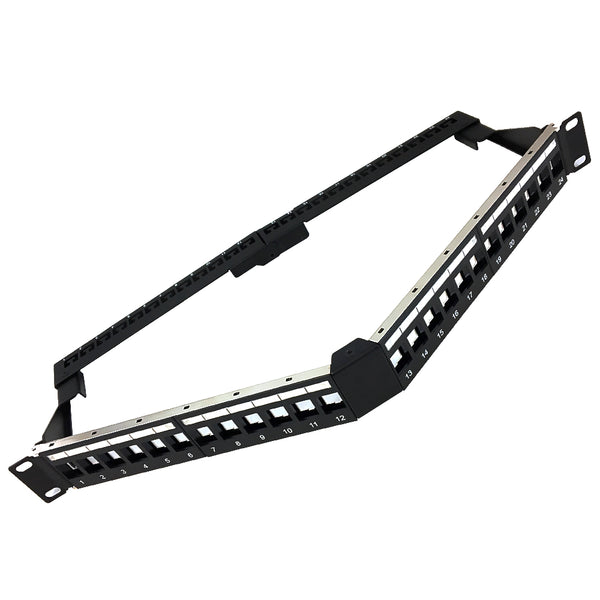 24-port Shielded Angled Keystone Patch Panel 19 inch Rackmount 1U with Cable Manager - Unloaded
