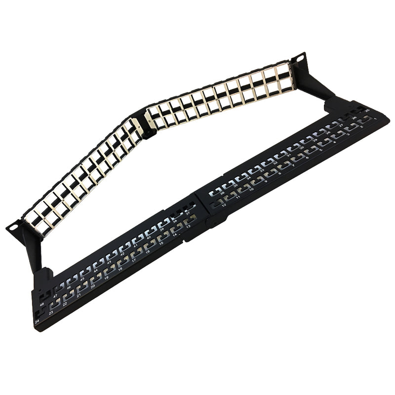 48-port Shielded Angled Keystone Patch Panel 19 inch Rackmount 1U with Cable Manager - Unloaded