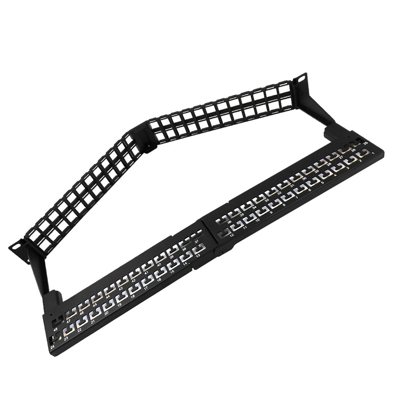 48-port Angled Keystone Patch Panel 19 inch Rackmount 1U with Cable Manager - Unloaded