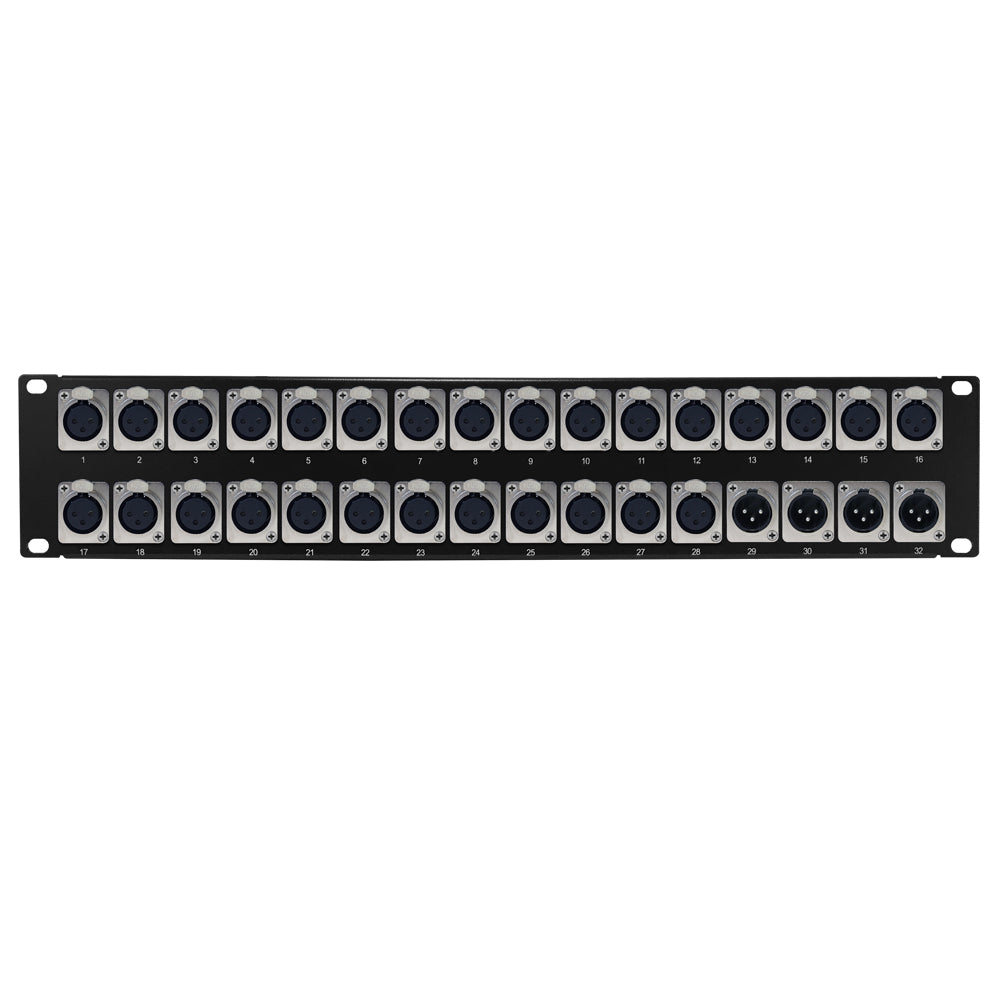 28-Port XLR Female + 4-port XLR Male patch panel, 19 inch rackmount 2U