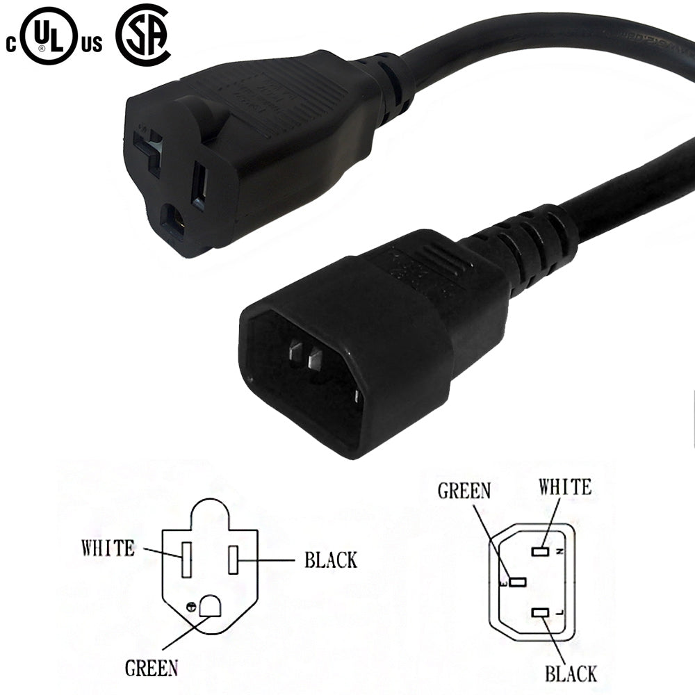 NEMA 5-15/20R to IEC C14 Power Cable - SJT Jacket