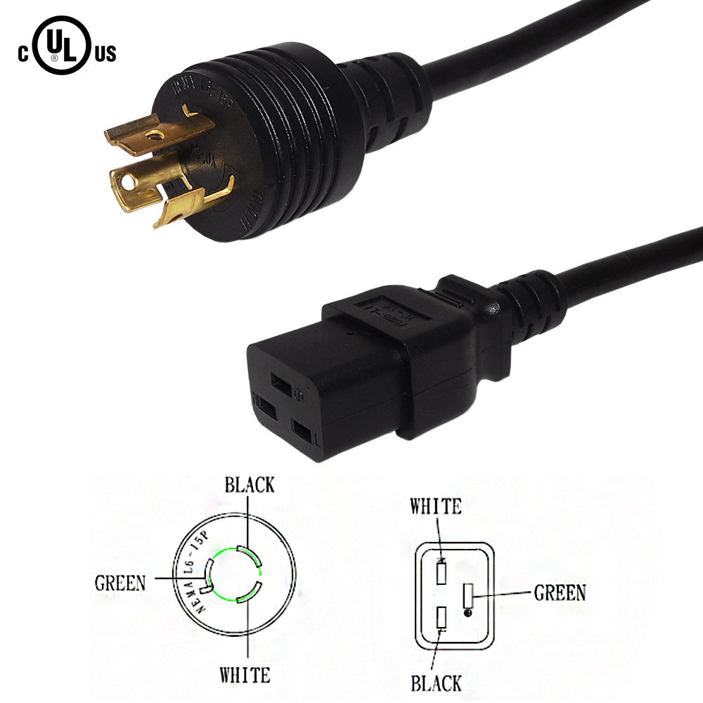 10ft NEMA L6-15P to IEC C19 Power Cable - 14AWG - SJT Jacket