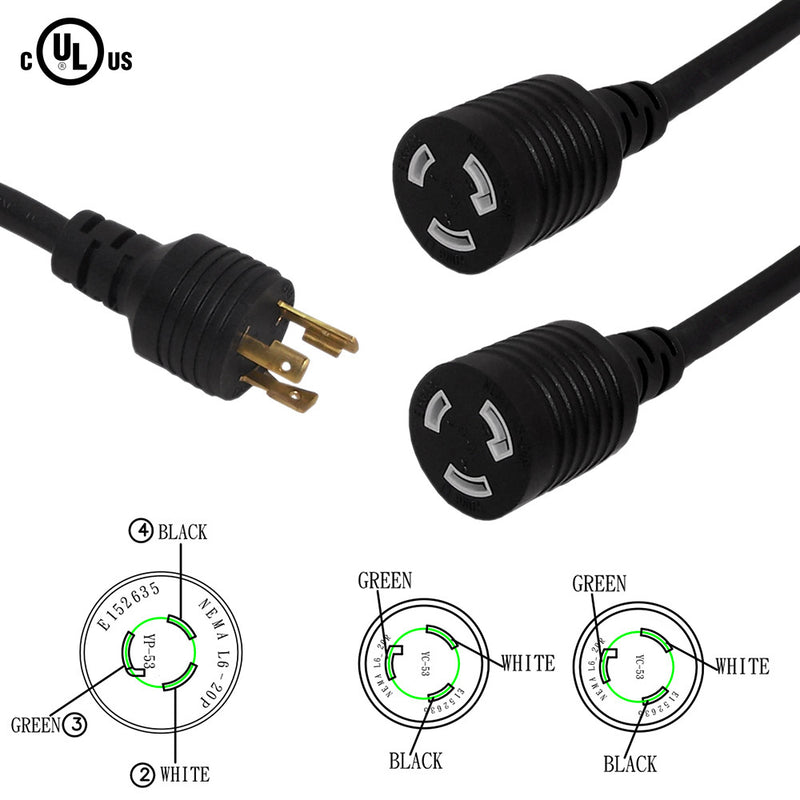 L6-20P to 2x NEMA L6-20R Power Splitter Cable - SJT