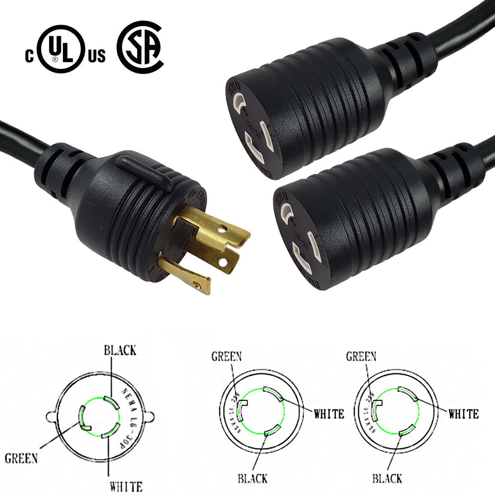 NEMA L6-30P to 2x NEMA L6-20R Splitter - SJT