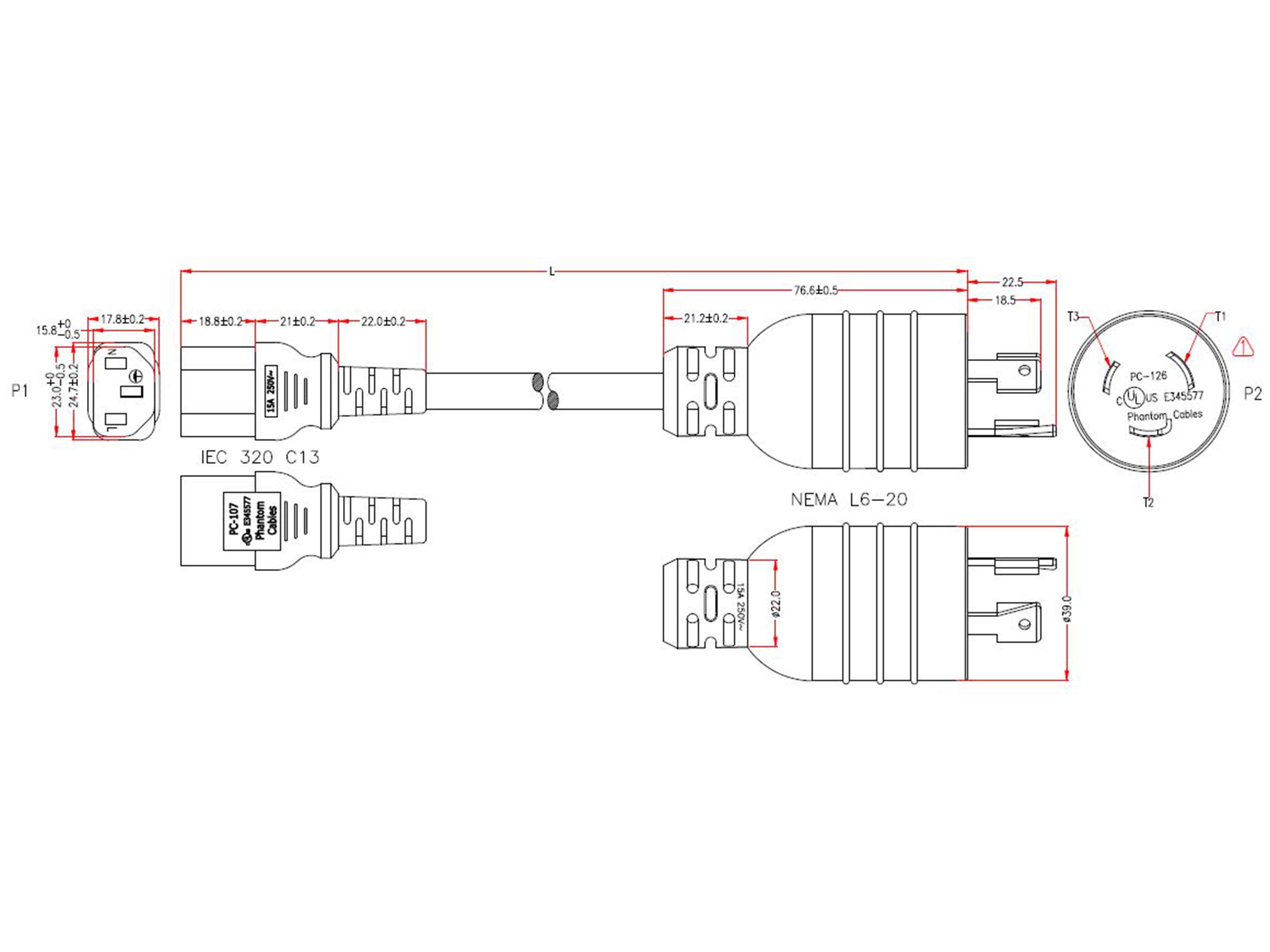 NEMA L6-20P to IEC C13 Power Cable - 14AWG (15A 250V) - SJT Jacket