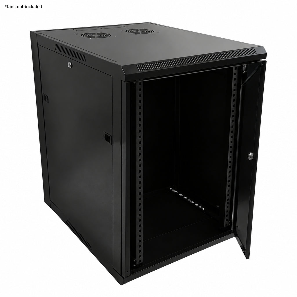 Wall Mount Cabinet 15U x 23 inch Usable Depth, Glass Door - Black