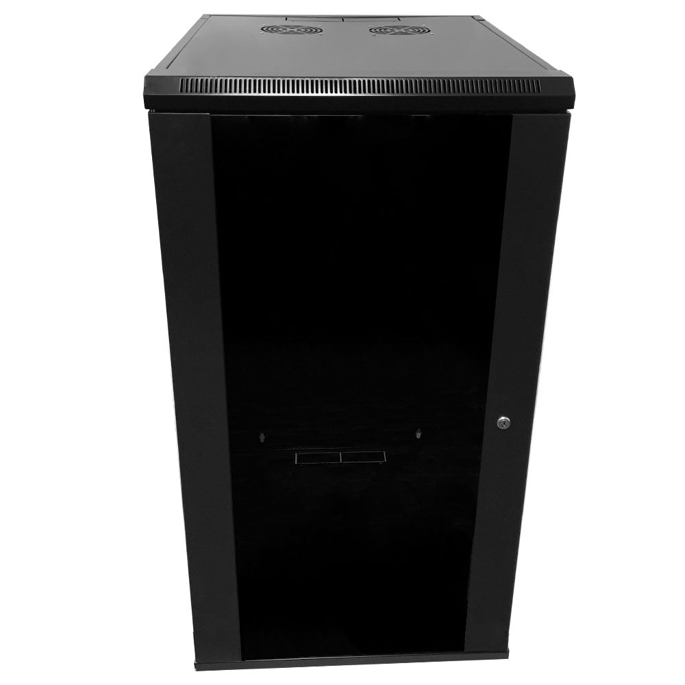 Wall Mount Cabinet 22U x 23 inch Usable Depth, Glass Door - Black