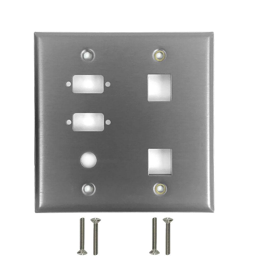 Double Gang - 2x ICDB Cutout - 1x 3/8 inch Hole - 2x Keystone - Stainless Steel Wall Plate