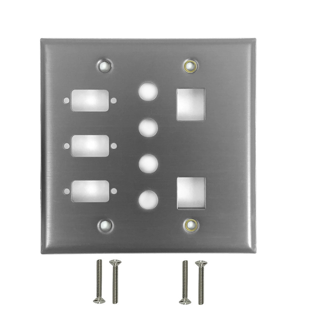 Double Gang - 3x ICDB Cutout - 4x 3/8 inch Hole - 2x Keystone - Stainless Steel Wall Plate