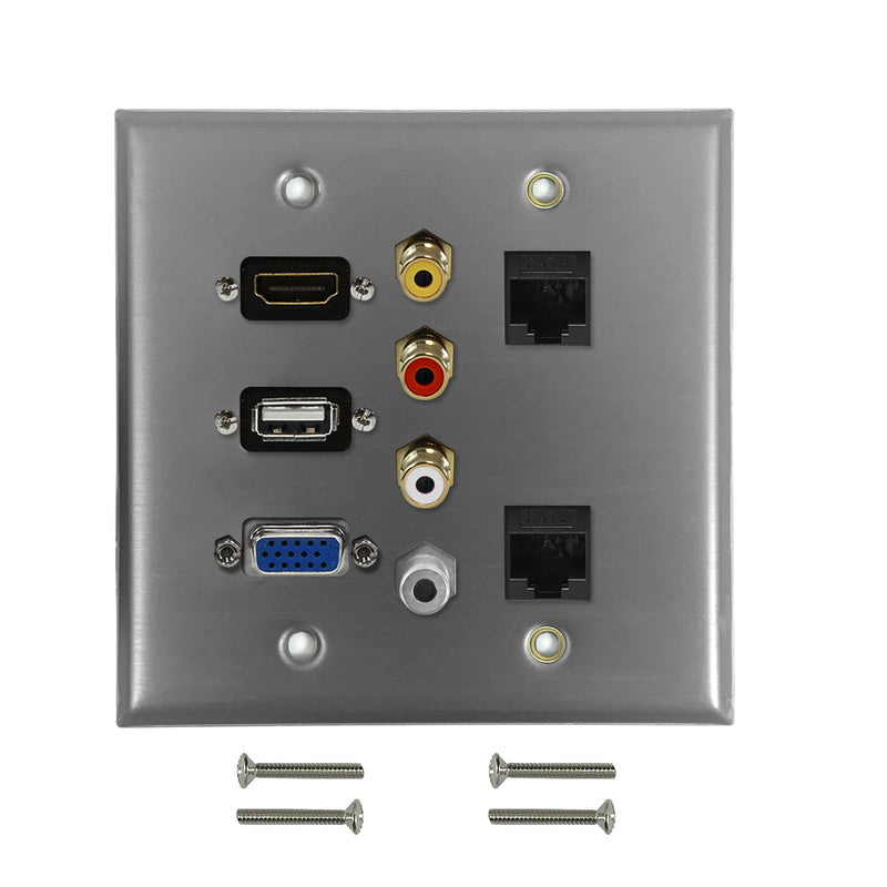 VGA, USB, HDMI, 3.5mm, RCA Composite + Left/Right Audio, 2x Cat6 F/F Double Gang Wall Plate Kit - Stainless Steel