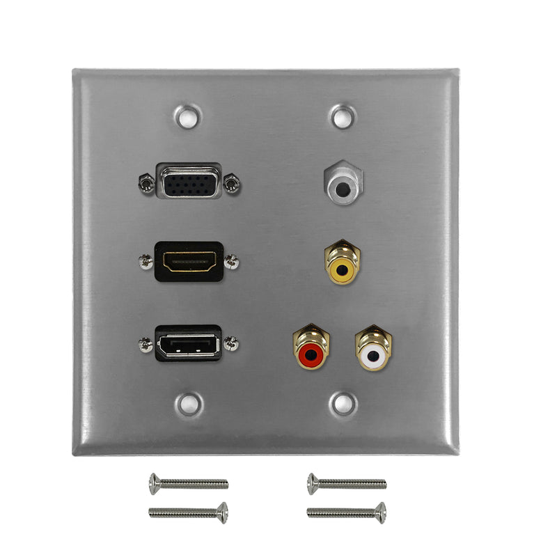VGA, HDMI, DisplayPort, 3.5mm, RCA Composite + Left/Right Audio Doublegang Wall Plate Kit - Stainless Steel