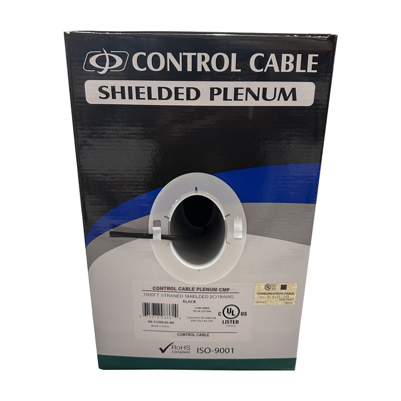 1000ft 2C 18AWG Stranded Shielded Control Cable - CMP Plenum - Black
