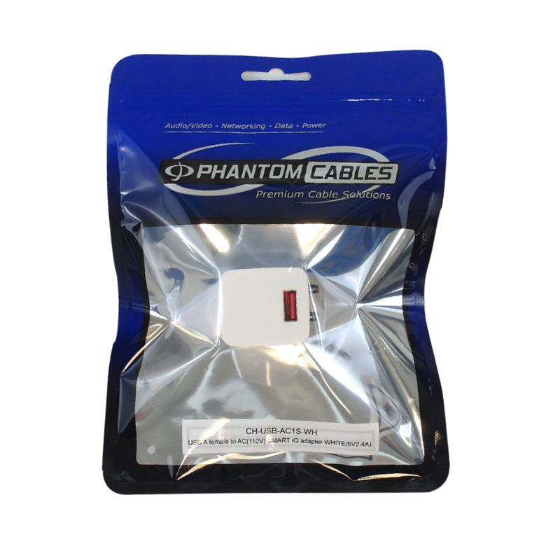 USB A female to AC (110V) SMART IQ Wall Charger - WHITE (5V/2.4A)