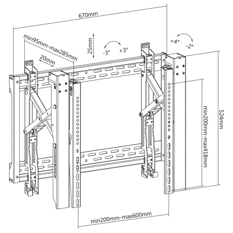 Video Wall TV Mount Bracket, Fully Adjustable - Fits Sizes 45-70 inches - Maximum VESA 600x400