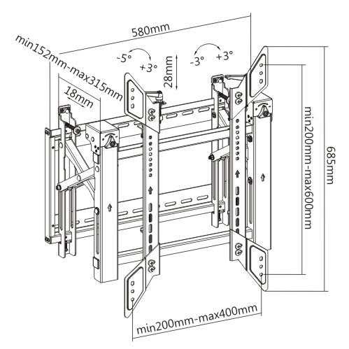 Video Wall Portrait TV Mount Bracket, Fully Adjustable - Fits Sizes 45-70 inches - Maximum VESA 600x400