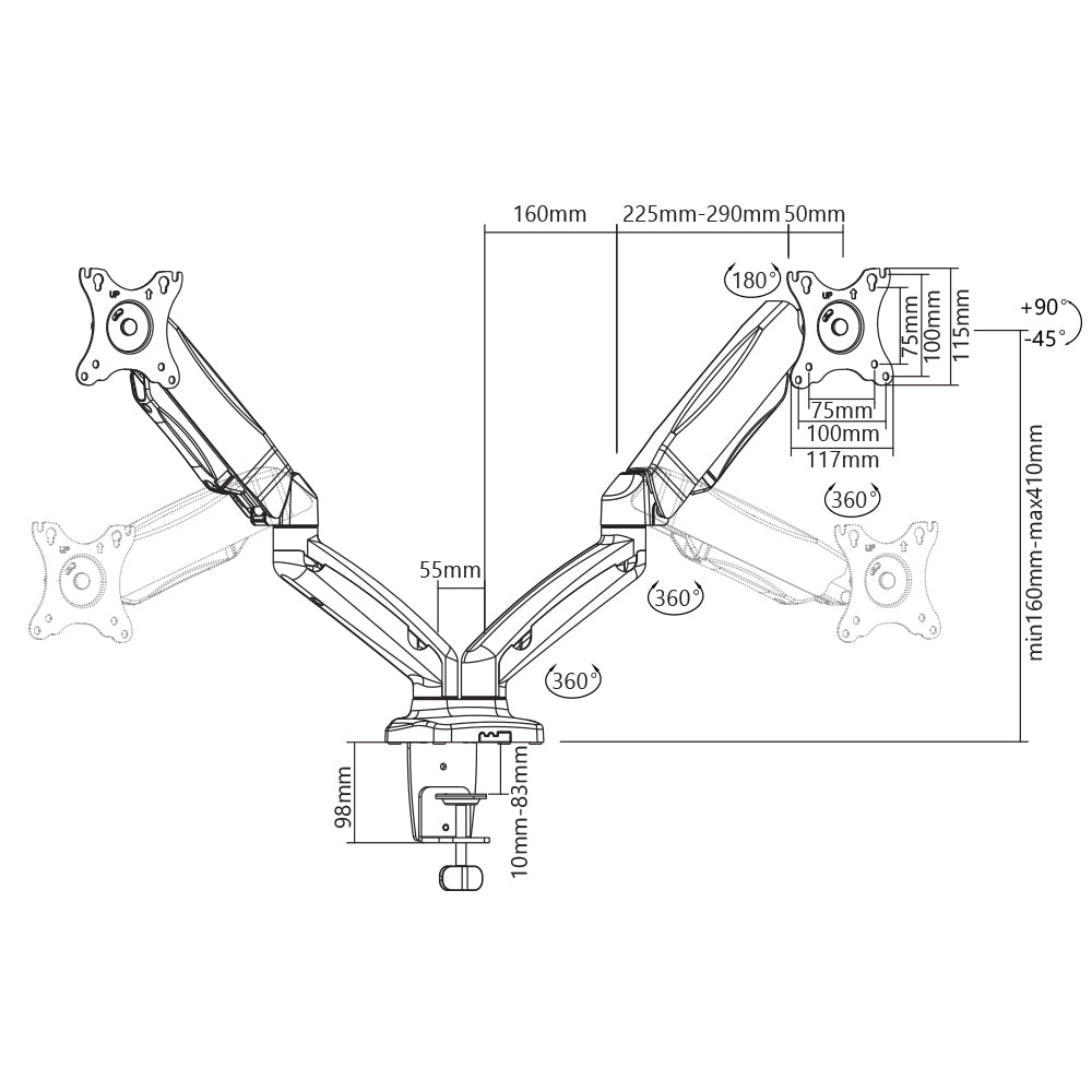 Desktop Display Mount, Full Motion, Dual Screen, VESA 100x100 (17-32 inch)