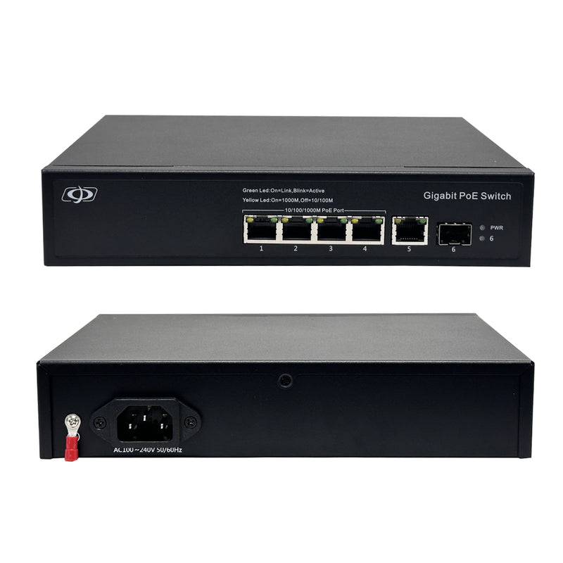 4-Port Gigabit 120W PoE Switch + 1-Port RJ45 Uplink + 1-Port SFP - Desktop/Wall Mount - Unmanaged - IEEE 802.3at/af
