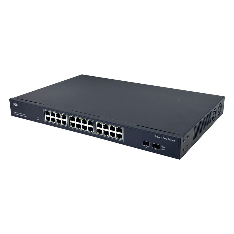 24-Port Gigabit 375W PoE Switch + 2-Port SFP Uplink - Desktop/Rack Mount - Unmanaged - 1U - IEEE 802.3at/af
