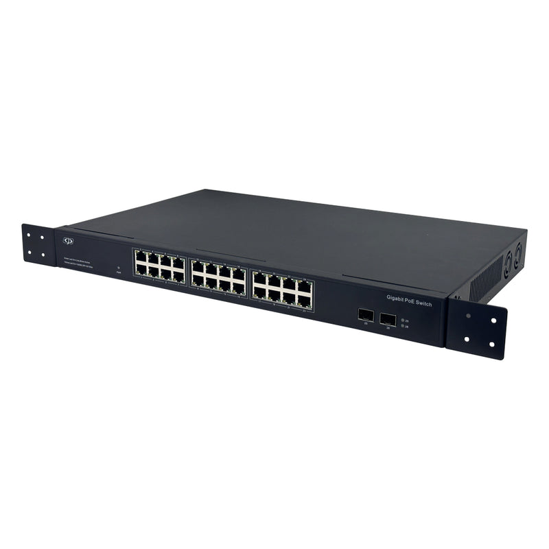 24-Port Gigabit 375W PoE Switch + 2-Port SFP Uplink - Desktop/Rack Mount - Unmanaged - 1U - IEEE 802.3at/af