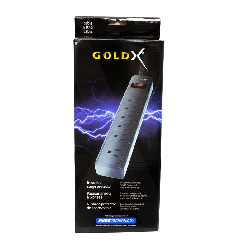 6 Outlet GoldX Surge Protector - 5-15P Plug – 450 Joules - Circuit Breaker - 6ft Power Cord - Black