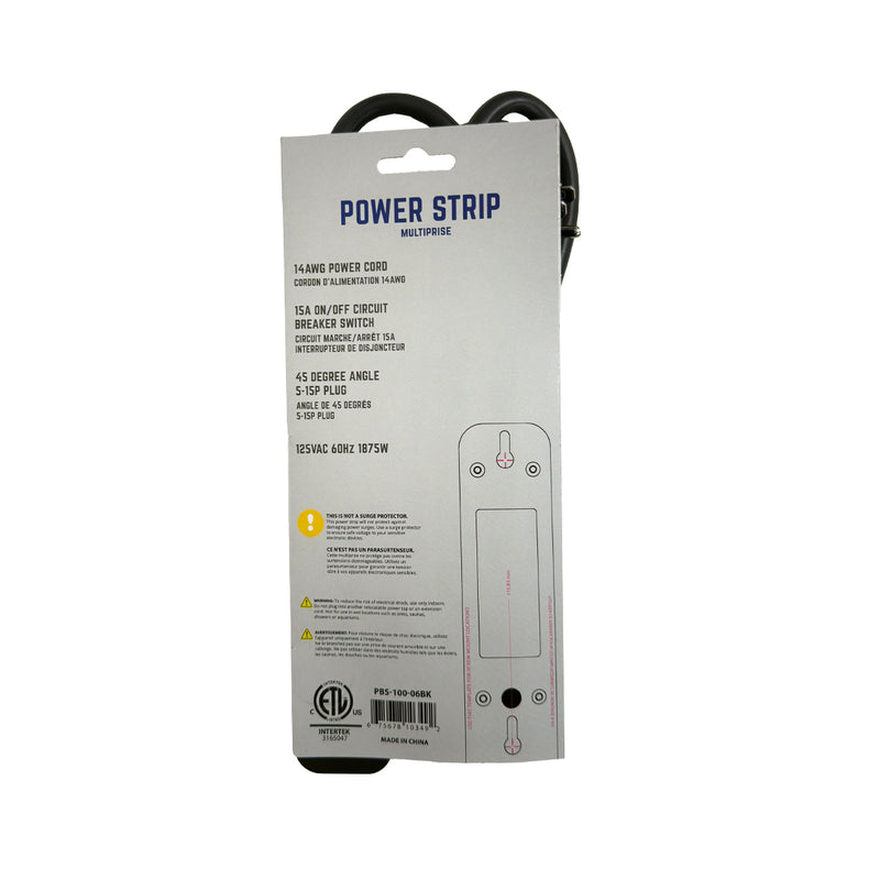 6 Outlet Power Strip - 45 Degree Angle 5-15P Plug - Black