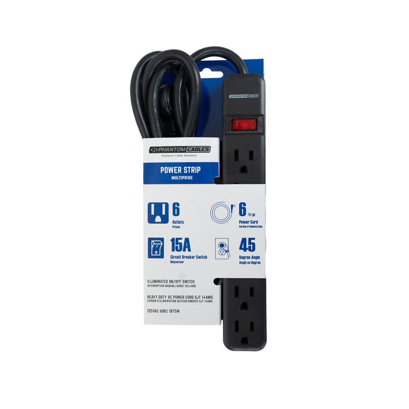 6 Outlet Power Strip - 45 Degree Angle 5-15P Plug - Black