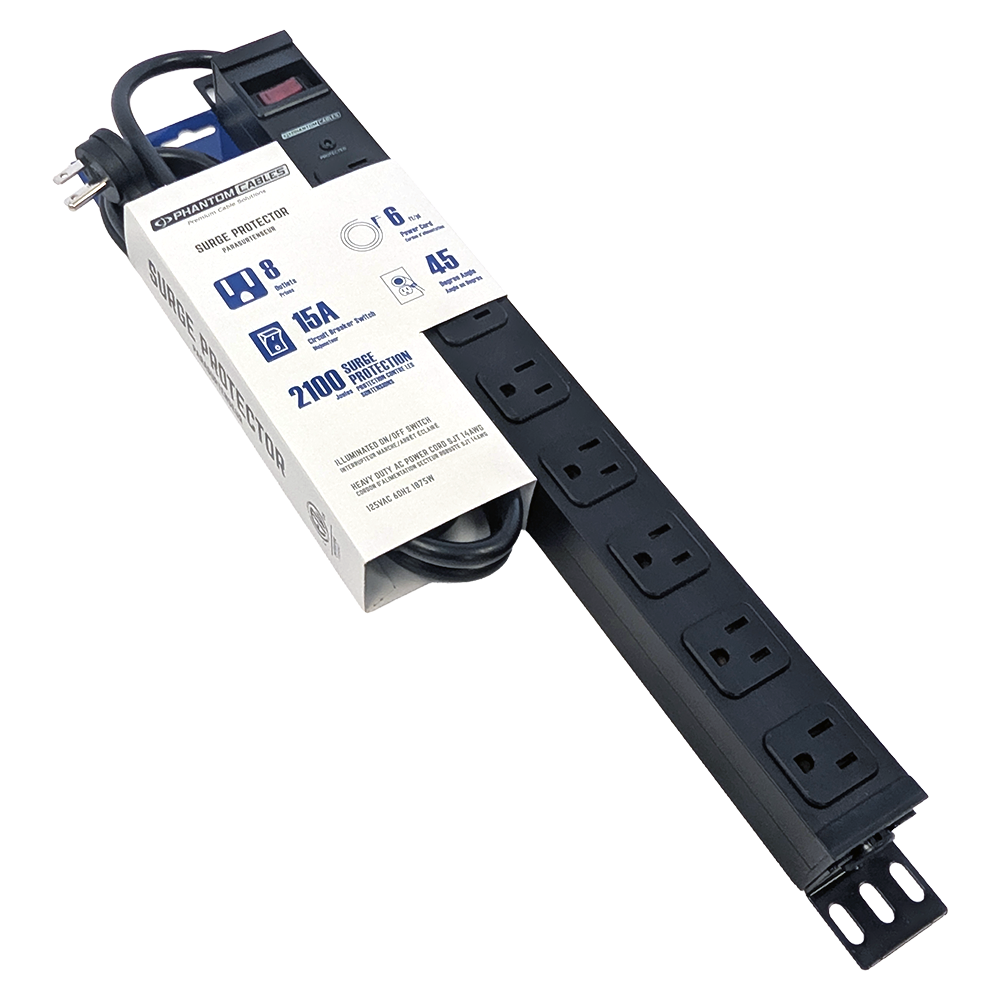 8 Outlet Surge Protector 2100J - 45 Degree Angle Plug, Metal - Black
