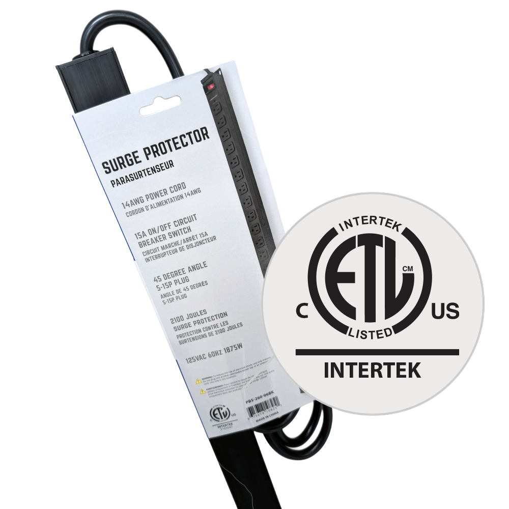 24 Outlet 48 inch Surge Protector 2100J - 6ft Cord 45 Degree Angle Plug, Metal - Black