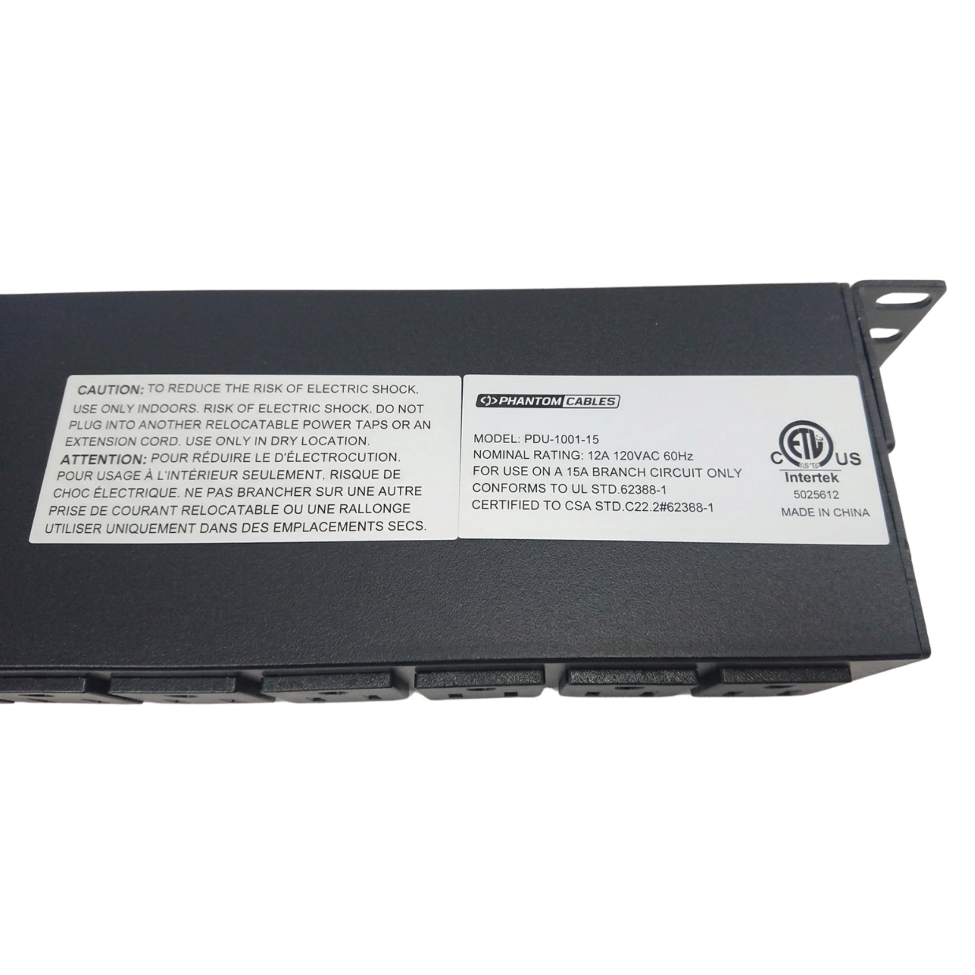 19 Inch Horizontal Rack Mount PDU 12x5-15R Rear 2x5-15R Front With Load Reset & 15ft Cord