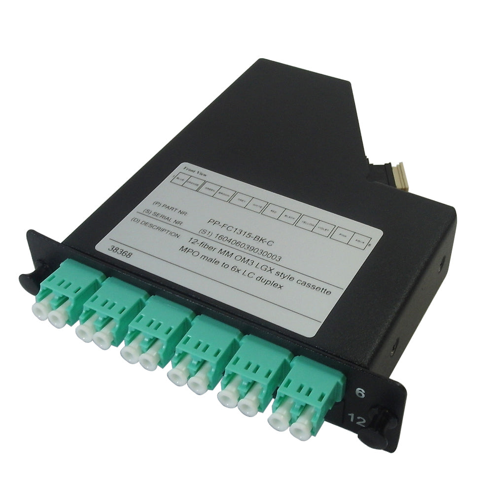12-Fiber Multimode OM3 LGX Style Cassette MPO Male to 6x LC Duplex