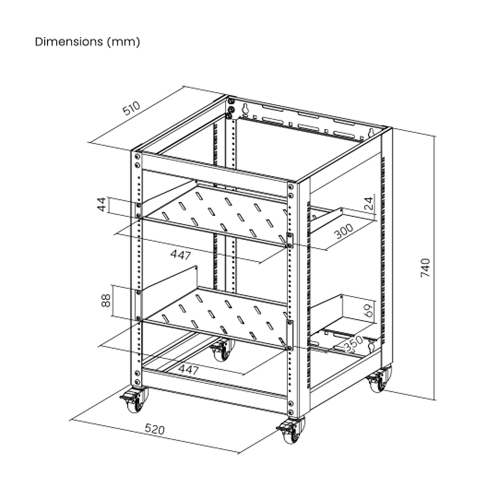 Free Standing Rack Mount 19 inch Open Frame Wall Mount/Free Stand Rack - 2 Vented Shelves - 12U