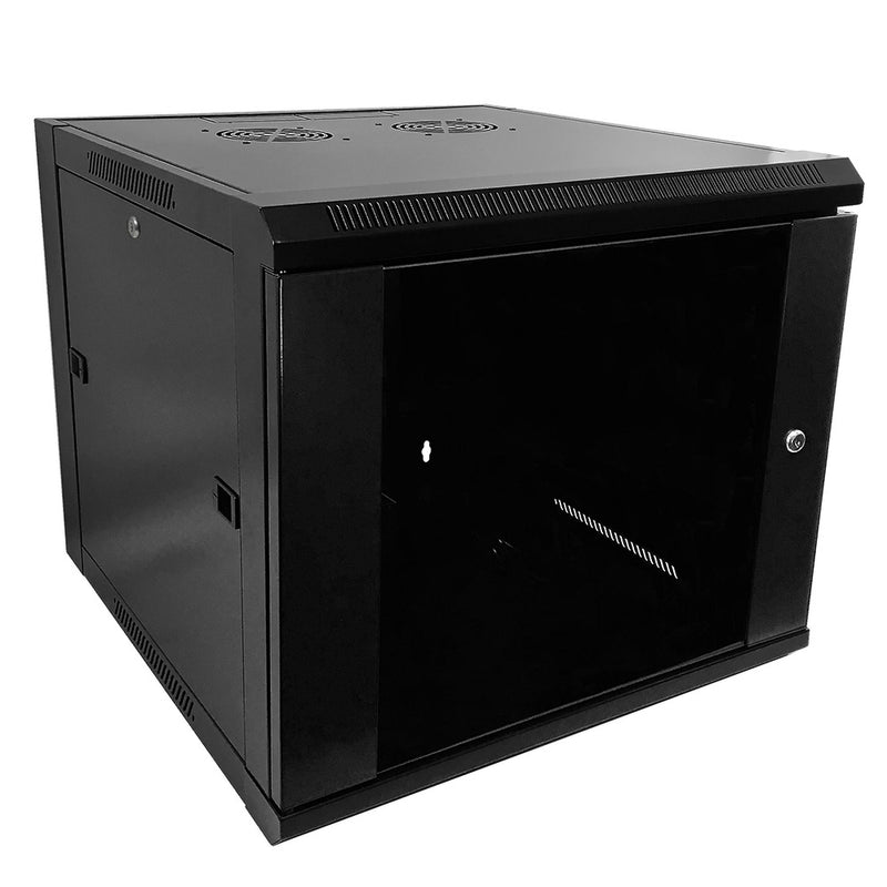 Wall Mount Cabinet 9U x 19.5 inch Usable Depth, Glass Door - Black