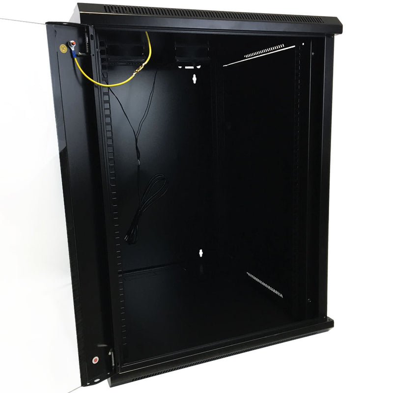 Wall Mount Cabinet 15U x 23 inch Usable Depth, Glass Door - Black