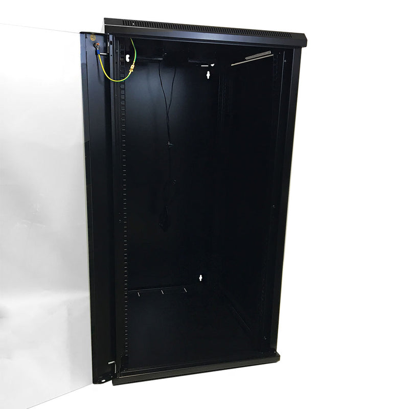 Wall Mount Cabinet 22U x 23 inch Usable Depth, Glass Door - Black